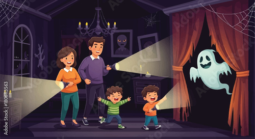 Spooky Family Adventure: A family explores a haunted house with flashlights, encountering a friendly ghost and spooky decor. Capturing the spirit of Halloween and playful fear.