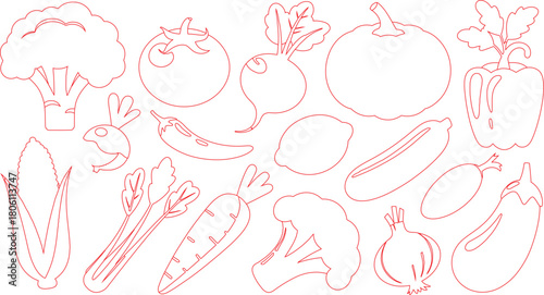 Outline Drawing of Assorted Vegetables Broccoli, Corn, Tomato, Beet, Pumpkin, Pepper, and More