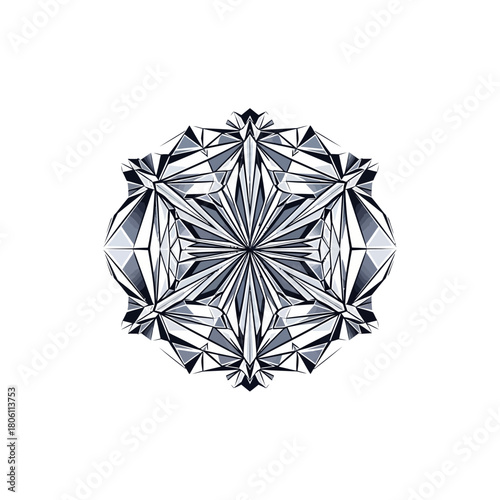 Intricate symmetrical geometric crystal or snowflake design in monochrome on a white background.