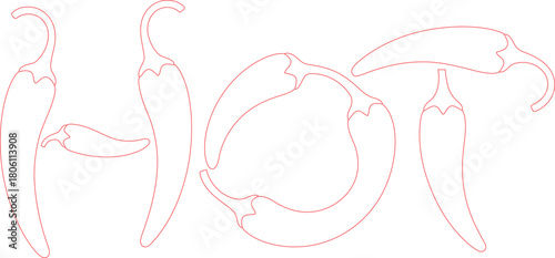 Outline Drawing Red Chili Peppers Spelling the Word Hot on White Background