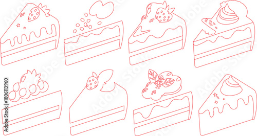 Outline Illustration Assorted Cake Slices with Berries, Cream, and Decorations in Red Lines on White