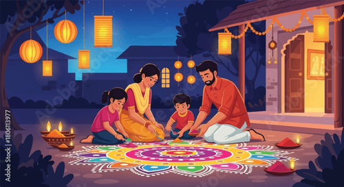 A Family’s Artistic Endeavor: A family engages in a creative pursuit, meticulously crafting a vibrant Rangoli design, bringing color, artistry, and togetherness to the heart of their home.