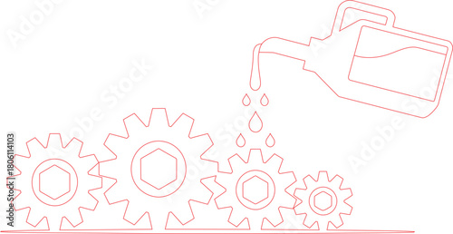 Outline Illustration of Oil Can Pouring onto Gears, Representing Lubrication and Mechanical Functionality