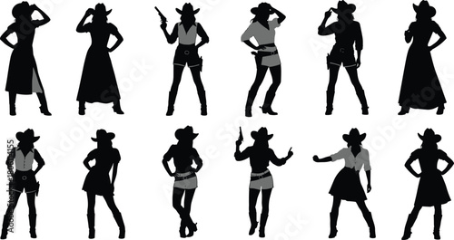 Cowgirl western woman silhouette collection, showing traditional style, wild west, feminine power, confident pose, gun, and American frontier heritage on white