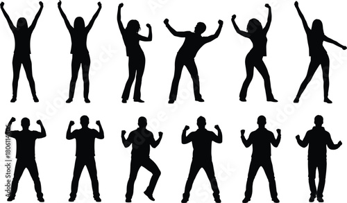 Excited people cheering with raised hands silhouette set, celebrating success, victory, achievement, happiness, joy, freedom, and party atmosphere on white background