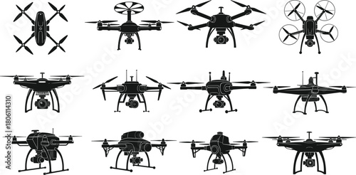 Drone silhouette collection with camera, representing modern technology, aerial photography, surveillance, delivery service, remote control, and future communication on white