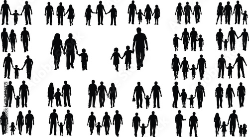 Families and parents walking with children silhouette collection, representing family bond, love, togetherness, parental care, childhood, and growing up on white background
