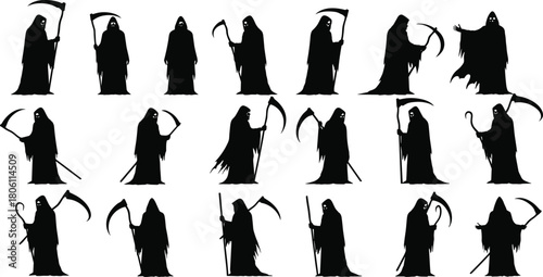 Grim Reaper silhouette collection, death figure poses, scythe icon set, spooky Halloween clipart, horror character bundle, dark cloak illustrations