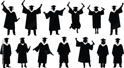Happy Diverse Graduates Celebrating Graduation Day Silhouette Set Holding Diploma Wearing Gown Cap Joyful Achievement Success University College Educational Milestone Victory