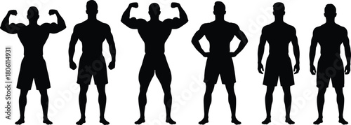 Muscular Bodybuilder Men Silhouette Set Posing Fitness Training Strength Exercise Gym Workout Human Figure Strong Male Athlete Physical Power Determination Bodybuilding