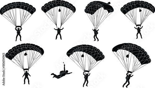 Parachutist and skydiver silhouette set, depicting extreme sports, adventure, risk, freedom, courage, skydiving, and successful landing on white background