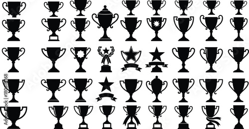 Trophy icons, award silhouettes, black vector set, sports achievement, competition symbols, victory badges, laurel wreaths, star medals, success rewards