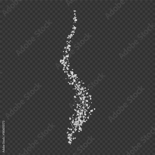 Realistic salt or sugar crystal powder scattered vertical wavy stripe on surface, 3d vector white natural mineral grains