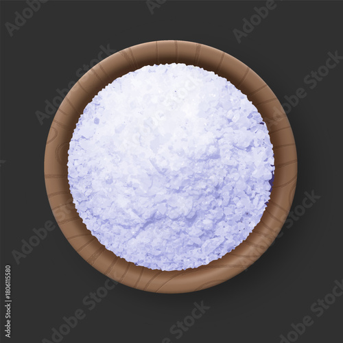 Realistic salt pile in the bowl top view on grey, 3d vector white natural mineral grains, cooking ingredient