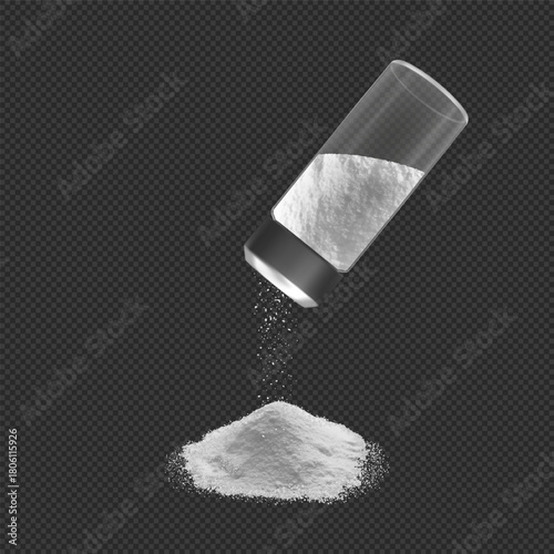 Realistic salt crystals pouring from salt shaker, powder pile, 3d vector white mineral grains fine grinding falling