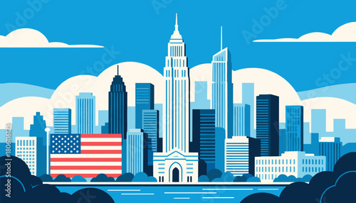 New York City skyline illustration with flag