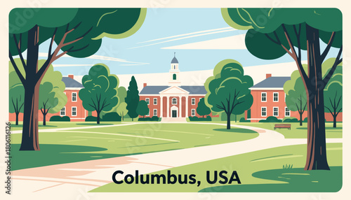 Campus illustration with trees and building on solid background