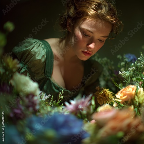 Enchanting redhead woman surrounded by a vibrant bouquet of flowers in a dreamy, artistic setting, perfect for beauty, fashion, or romantic themes