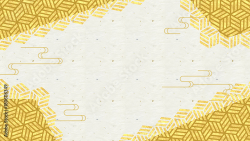 日本伝統文様を使った背景。金色の箔と伝統文様を組み合わせた和モダン背景。Japanese Modern Gold Foil and Traditional Patterns Background.　高級感のある背景。