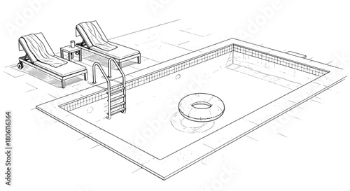 Swimming pool, lounge chairs, and swim ring drawing