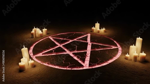 A glowing red pentagram surrounded by flickering candles. Occult ritual for a satanic or esoteric ceremony. Dark and mysterious vertical video animation.