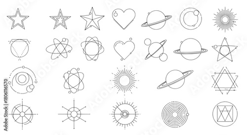 Line art icon set of geometric and celestial symbols