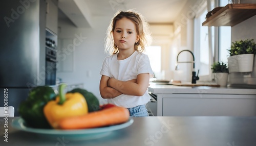 Grumpy little girl with crossed arms refusing healthy vegetables in a bright kitchen