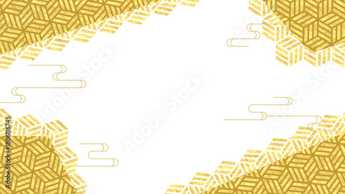 日本伝統文様を使った高級感のある背景。金色の箔と伝統文様を組み合わせた和モダン背景。Japanese Modern Gold Foil and Traditional Patterns Background