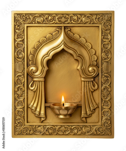 Ornate Golden Diya Panel With Carved Arch Motif and Traditional Indian Decorative Detailing