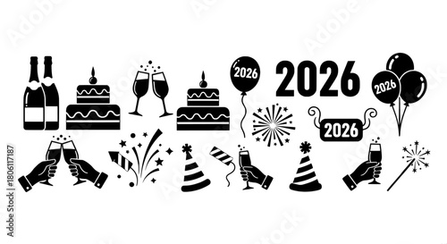 New year 2026 celebration icon set