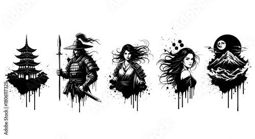 Japanese elements grunge style illustration set