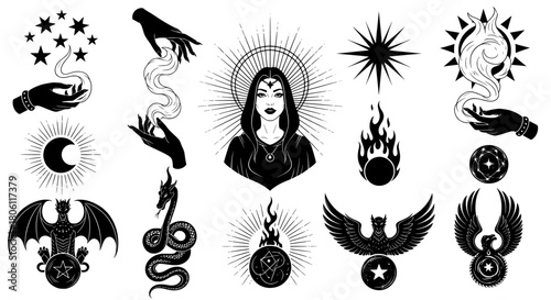 Occult symbols and mystical creatures