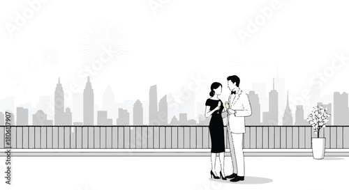 Cityscape Rendezvous: A stylish couple shares a moment of intimacy on a terrace, champagne glasses in hand, against a backdrop of the urban skyline. The scene exudes sophistication and allure.