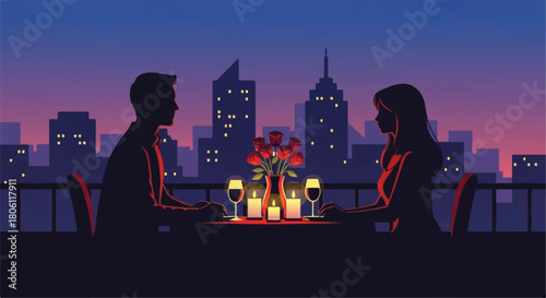 Romantic Evening Silhouette: Two figures, silhouetted against a captivating cityscape, share an intimate moment over a candlelit dinner, with the city's twinkling lights providing a magical backdrop.
