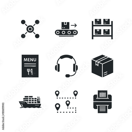 Set of flat glyph icons representing logistics and delivery operations including package, conveyor, warehouse, cargo ship, map pin, printer, headset, and network system