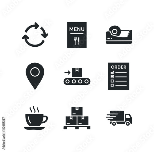 Collection of nine simplified icons representing logistics, ordering, and service industry symbols