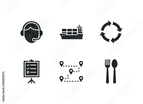 Collection of six service and logistic icons including support, shipping, route, and dining symbols on a plain white background.