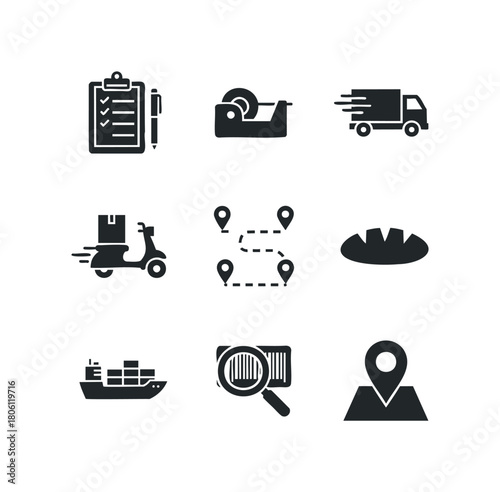 Set of black vector icons representing logistics and delivery services including a checklist, tape dispenser, moving truck, scooter, route map, cargo ship, barcode scanner, and map pin.