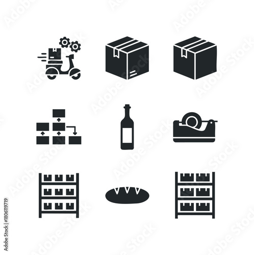 Collection of nine black icons representing logistics, shipping, packaging, and storage solutions for business operations and delivery services