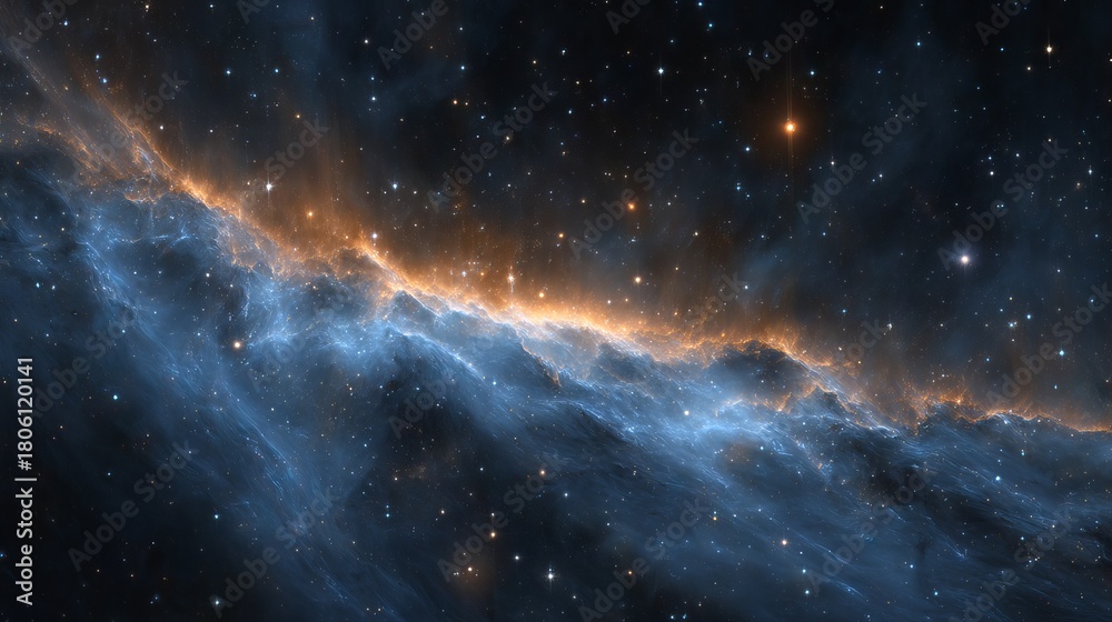 Obraz premium Abstract cosmic cloudscape with swirling blue and orange nebula luminous galaxy clouds and starry deep space background for fantasy sci fi design