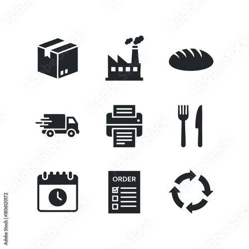 Set of nine conceptual icons representing logistics production delivery dining calendar order and recycling processes