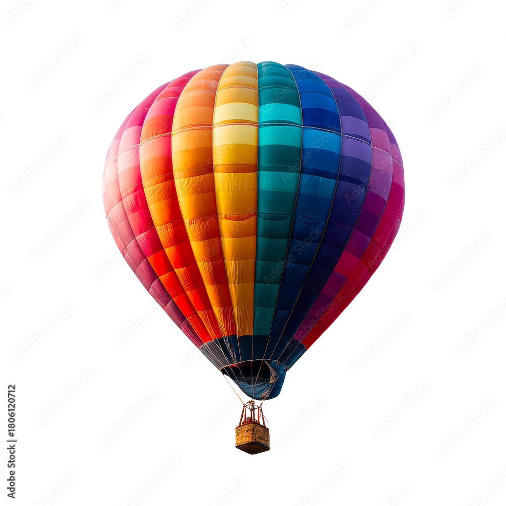 Fototapeta premium Colorful hot air balloon suspended against white sky on a transparent background, cut out