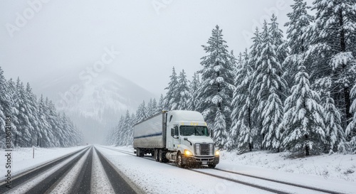 White semi truck navigates snowy mountain road lined with snow covered pine trees