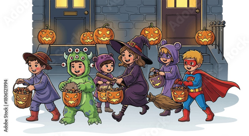 Halloween Night: Group of excited children, in creative costumes, joyfully trick-or-treating during a festive Halloween evening. Carved pumpkins illuminate the steps of the houses.