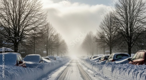 Snowy street lined with covered cars and bare trees under a hazy sky
