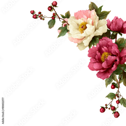 Floral corner arrangement of peony blossoms and buds on a transparent background, cut out