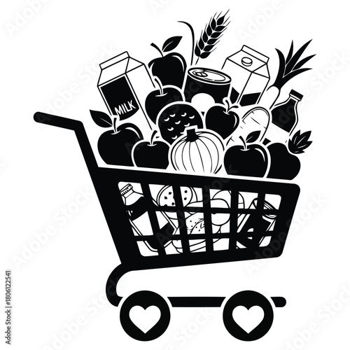 A shopping cart brimming with fresh produce dairy and canned groceries