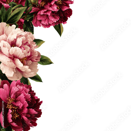 Pink and deep red peonies with green leaves border on white on a transparent background, cut out