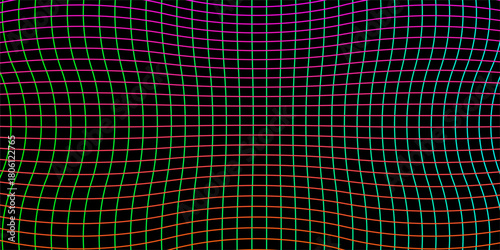 Vibrant Rainbow Wireframe Grid Pattern – Curved Geometric Distortion with Gradient Lines on Dark Background for Abstract Tech, Digital Art, Wallpaper, and Modern Visual Designs