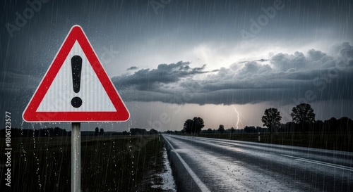 Roadside warning sign signals impending storm on a wet and gloomy highway